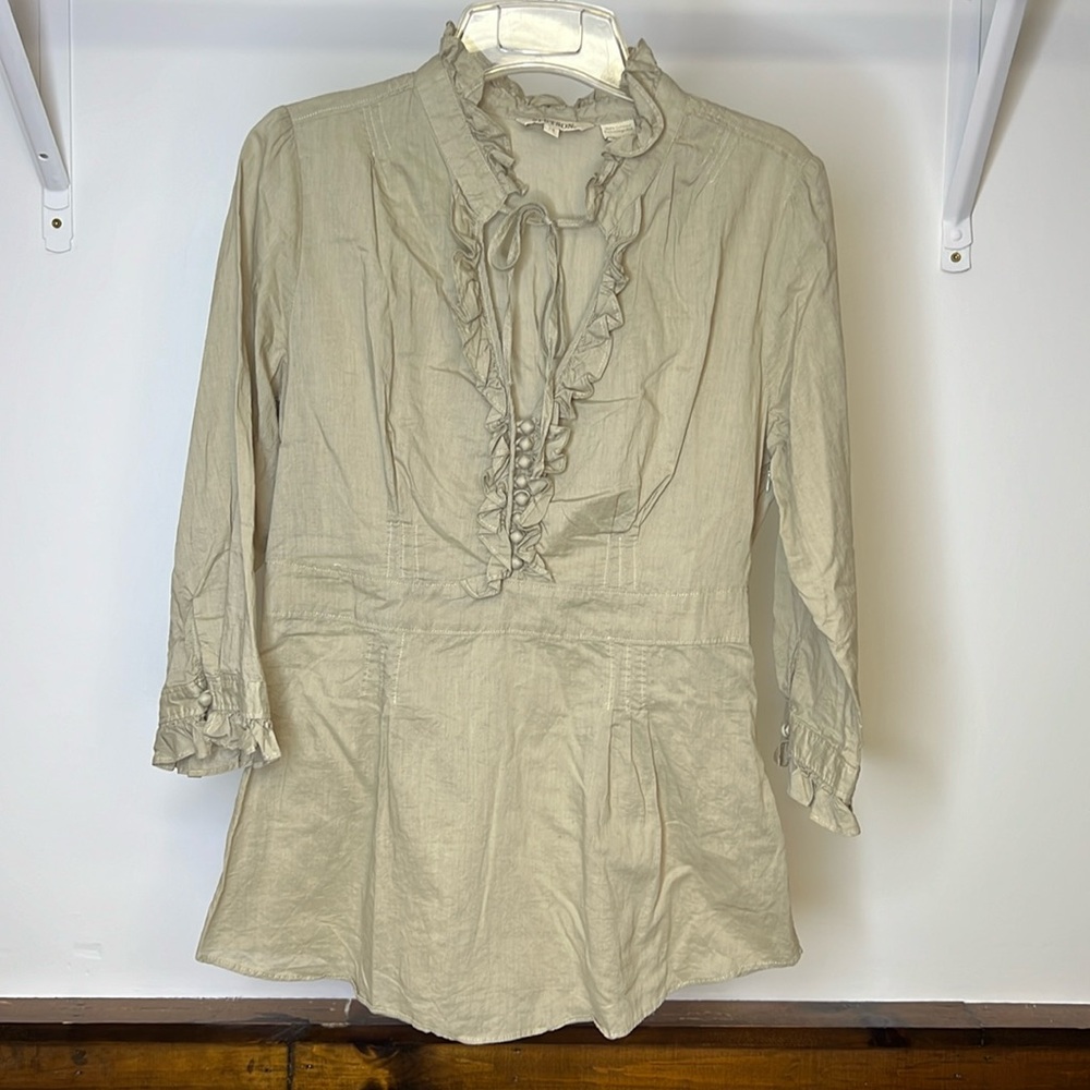 Stetson Tan Ruffle‎ 3/4 Sleeve Cotton Top- M